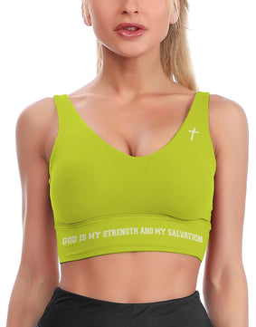 GOD IS MY STRENGTH AND MY SALVATION 
Electric Green Yoga Sports Bra!